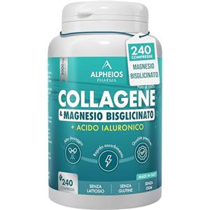 ALPHEIOS PHARMA Collagene e Acido Ialuronico + Magnesio Bisglicinato - 240 Compresse, 3000 mg Collagene Idrolizzato con Vitamina C e Coenzima Q10 | Integratore Articolazioni, Ossa, Pelle ed Energia