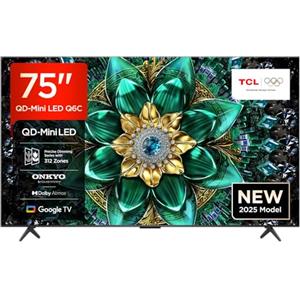 TCL 75Q6C 75" QD-Mini LED SMART TV, 4K HDR Premium 1000nits, con tecnologia Google TV (Dolby Vision IQ e Atmos, sistema audio Onkyo 2.1, Motion Clarity Pro a 144 Hz, Game Master)