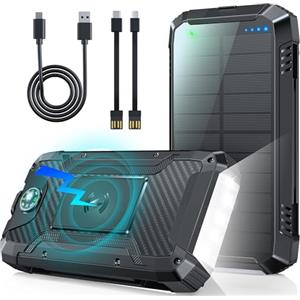 Kruilan Power Bank 49800mAh, Solare Powerbank Ricarica Rapida 30W, Caricatore Portatile Wireless con 2 Cavi Integrati, 4 Porte, 4 Uscite, 12 LED Torcia, Batteria Portatile per Campeggio e Outdoor (Nero)