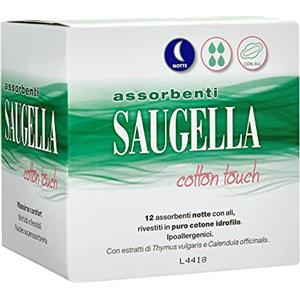Saugella Assorbenti Cotton Touch Notte, 12 Assorbenti Cotone Notte con Ali, Azione Antibatterica, Antiodore e Lenitiva