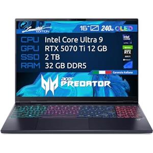 Acer Predator Helios Neo 16s Ai, Pc Gaming Portatile, Intel Ultra 9 275HX, GeForce RTX 5070Ti 12GB, RAM 32GB DDR5, SSD 2TB (2x1Tb), Display 16 Oled 240Hz, Thunderbolt 4, WiFi 6E, Tastiera RGB, Win 11