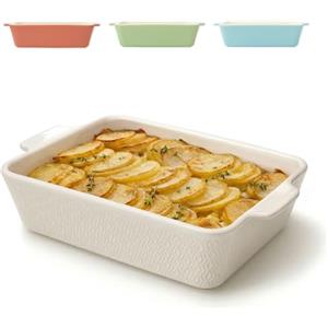 Praknu Pirofila in Ceramica Grande - Antiaderente e Antigraffio - Bordo Alto - Rettangolare - 4-6 Persone (Bianca)