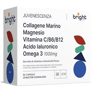 Bright Naturo Omega 3 1000 Magnesio Collagene Marino con Acido Ialuronico, Coenzima Q10, Vitamina C e Zinco - Gestione Articolazioni e Vitalità, 3 Integratori in 1 Pacchetto per Muscoli e Pelle I 28 Dosi Giornalier