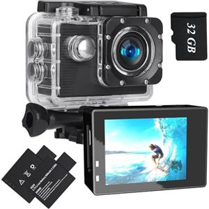 Xilecam Action Cam 1080P con scheda da 32 GB Telecamera Moto, Macchina Fotografica Subacquea impermeabile 40M, Fotocamera Subacquea con 2 x Batterie Ricaricabili e Kit Accessori(Nero)