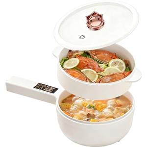 PORFOYO Ciotola elettrica Hot Pot con vaporiera, Hot Pot elettrico da 1,6 L, Mini multicooker antiaderente, Mini padella elettrica antiaderente, Funzione di pianificazione temporale, Rapido bollitore Ramen