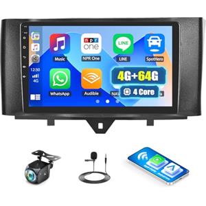 CAMECHO 4G+64G CAMECHO Android 15 Carplay Autoradio 2Din per Mercedes Benz Smart Fortwo W451 2011-2015 con Android Auto, Schermo Auto 9 Pollici con Mirror Link Bluetooth GPS WIFI FM/RDS EQ SWC AHD Retrocamera