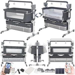 Doraystar Elettrico Bluetooth Intelligente Culla Neonato Next to me, Pieghevole Convertibile Culla Co-sleeping, Letto Fianco Letto con Musica e Telecomando, 5 Ingranaggi Oscillanti (601 Grey)