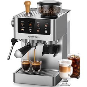AIRMSEN 20 Bar Macchina per Caffè Espresso con Macinacaffè e Montalatte - Programmable, Compatibile con Caffe Freddo (Cold Brew) e Americano, Macchina del Caffe per Macinato/Chicco Intero, 1,8L