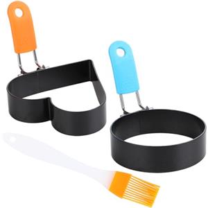 Eruinfang Stampo per uova fritte in acciaio inox, per pancake, per padella, con spazzola, anello per uovo con manici pieghevoli per uova fritte, pancake, polpettone