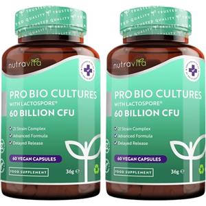 Nutravita Fermenti Lattici Probiotici per Intestino - 60 miliardi CFU - 2 x 60 capsule vegane - 21 Ceppi Batterici + Lactobacillus Gasseri & Inulina - Probiotici Donna e Uomo, Fermenti Lattici Adulti