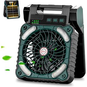 Sendowtek Solare Ventilatore da Campeggio 10400mAh, Portatile Potente e Silenzioso con 4 Velocità Luce LED Timer, Ventilatore Solar Power Batteria Ricaricabile USB per Tende Campeggio Viaggio Tavolo