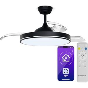 KLARSTEIN AirFold Ventilatore da Soffitto con Luce - Ali Retrattili, LED Dimmerabile, Controllo Intelligente, Silenzioso <40dB, 107cm, Nero
