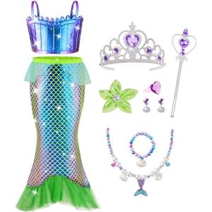 AOOWU Costume da Principessa Sirena per Bambina, Costume da Sirenetta con 7 pezzi Accessori, Set da Sirena Ariel per Bambina, Costumi Cosplay per Halloween, Natale, Cosplay, Compleanno
