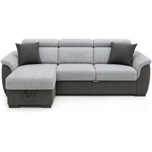Domo Mea Divano Angolare Tony Grigio 3 Posti con Penisola Contenitore, Tessuto Grigio e Antracite, 226x175x77 cm, Trasformabile in Letto, Poggiatesta Reclinabili