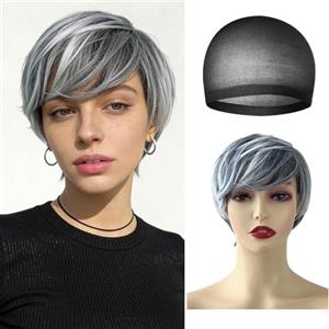 HTTDSLF Parrucca Corta Taglio Pixie, Parrucche Donna Corte con Frangia, Parrucca in Capelli Sintetici Grigio per Uso Quotidiano e Feste, con Cuffia per Parrucca