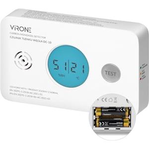 Virone Rilevatore Monossido di Carbonio Display LCD Lettura di Temperatura e Umidità Alimentazione a Batteria Allarme 85dB Durata di 10 Anni Certificazione TÜV IP20
