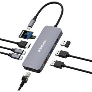 Verbatim Hub USB C 9 in 1, adattatore multiporta USB-C a HDMI, RJ45, USBA-A e USB-C, con lettore di schede SD, per Mac, MacBook Pro/Air, iPad Pro, Thinkpad, Windows Computer, Laptop e Co
