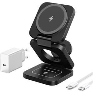 KU XIU Stazione Ricarica per Apple, 3 in 1 caricatore wireless per iphone, supporto magnetico pieghevole per iPhone 17/16/15/14/13/12, caricabatterie rapido da 5 W per Apple Watch, per Airpods
