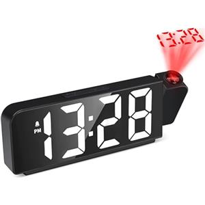 Probuk Sveglia Digitale da Comodino con Proiezione 180° e Temperatura, Orologio LED con 4 Livelli di Luminosità, Ricarica USB, per Bambini e Adulti Camera da Letto
