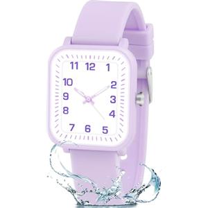 GUUMUXIN Orologio Analogico Bambini, 30m Resistenza Acqua, Orologio Apprendimento Tempo, Cinturino TPU Morbido, Orologio Sportivo Cronografo, Adatto Bambini 4-12 Anni (Violetta-Bianco)