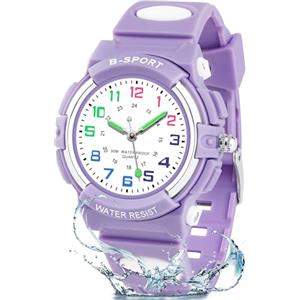 GUUMUXIN Orologio Analogico Bambini, 30m Resistenza Acqua, Orologio Apprendimento Tempo, Cinturino TPU Morbido, Orologio Sportivo Cronografo, Adatto Bambini 4-12 Anni (Viola)