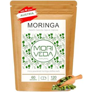 MoriVeda Capsule di Moringa Oleifera 500 mg, micropolverizzata, con ferro e calcio, vegane, senza lattosio e senza glutine, con oltre 90 nutrienti, formulazione ayurvedica, 120 capsule