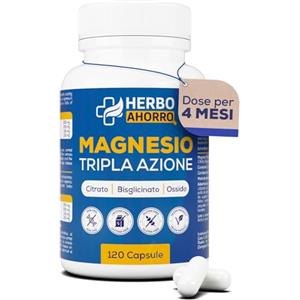 HerboAhorro Magnesio Complex - Citrato, Bisglicinato e Ossido di Magnesio Triplo - Alta Assorbibilità - Riduce Stanchezza e Affaticamento, Allevia Dolori Articolari e Muscolari - Favorisce la Sintesi del Collagen