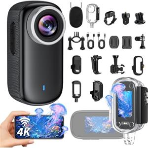 UYIKOO Mini Action Cam 4K, 32GB Action Camera Fotocamera Sportiva, 150° Grandangolo Body Cam Portatile Videocamera Subacquea Impermeabile 30m Accessori Multifunzione, Videocamera da Casco per Esterni, Vlog