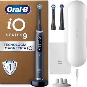 Oral-B Spazzolino Elettrico Ricaricabile iO 9 Nero, 3 Testine Di Ricambio, Custodia Da Viaggio Ricaricabile, 1 Spazzolino Elettrico Oral B, Sensore di Pressione, Display Interattivo
