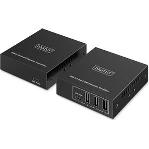 DIGITUS Extender USB 3.2 Gen1 su Ethernet - Hub USB a 4 Porte (3x Tipo A, 1x Tipo C) - Raggio di 100 m, Velocità 5 Gbps, Nero