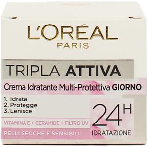 L'Oréal Paris Tripla Attiva Crema Viso Idratante Protettiva 50 ml per Pelli Secche e Sensibili