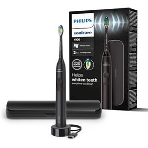 Philips Sonicare 4100 - Spazzolino elettrico Philips Sonicare per adulti con 1 testina sonica Philips W2 Optimal White nera, custodia da viaggio sottile e caricatore USB modello HX3683/54
