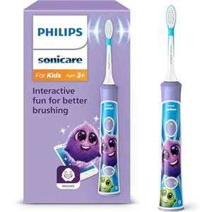 Philips Sonicare For Kids - Spazzolino elettrico sonico con app, studiato per bambini dai 3 anni in su con SmarTimer e QuadPacer per una pulizia profonda, viola, modello HX6322/12