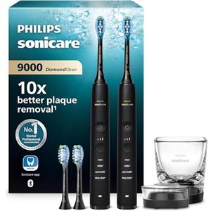 Philips Sonicare DiamondClean 9000 spazzolino elettrico, confezione doppia, spazzolino sonico con app, sensore di pressione, 4 modalità di spazzolamento, bicchiere di ricarica, nero, HX9914/63
