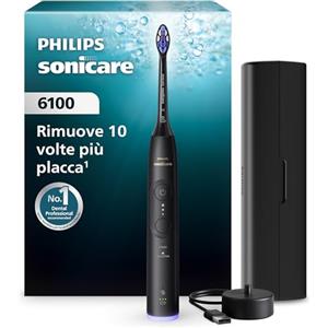 Philips Spazzolino Philips Sonicare serie 6100 - tecnologia Next Generation Sonicare, sensore di pressione, 6 impostazioni, SmarTimer, BrushPacer, autonomia di 21 giorni, custodia da viaggio, nero, HX7401/12