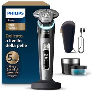 Philips Shaver i9000 Prestige, rasoio elettrico Wet & Dry, tecnologia Skin IQ, triplo sistema di sollevamento e taglio, doppie lame di precisione in acciaio 360º, pod di pulizia rapida, XP9202/30