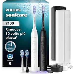 Philips Spazzolino elettrico Philips Sonicare serie 7100 - Next Gen, sensore di pressione, 12 impostazioni di spazzolamento, autonomia di 21 giorni, custodia con ricarica, bianco e nero, duo pack, HX7429/04