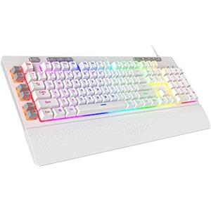 Redragon K512 Shiva - Tastiera da gioco a membrana bianca, illuminazione RGB, tasti G programmabili, controlli multi-media, poggiapolsi integrato, layout QWERTY,US LAYOUT