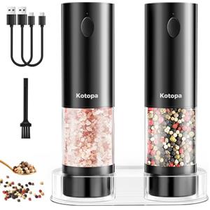 Kotopa Macina Sale e Pepe Elettrico Ricaricabile, Macinapepe Elettrico con Macinino in Ceramica a 5 Livelli Regolabile, Base, Luci LED, 100mL - Set da 2 (Nero)