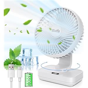 Bistfy Ventilatore da Tavolo Ultra-Silenzioso, 120° di Oscillazione, 90° di Inclinazione Della Testa Regolabile, 14cm Digitale a 4 Velocità 4500mAh Ventilatore da Scrivania Portatile USB Ricaricabile