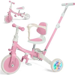 VITONIS Triciclo 5 in 1 per bambini dai 18 mesi ai 5 anni, con ruote lampeggianti, maniglione di spinta, schienale e cintura di sicurezza, regalo per bambini e bambine, bicicletta senza pedali, rosa