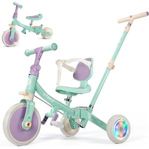 VITONIS Triciclo 5 in 1 per bambini dai 18 mesi ai 5 anni, con ruote lampeggianti, maniglione di spinta, schienale e cintura di sicurezza, regalo per bambini e bambine, bicicletta senza pedali, verde