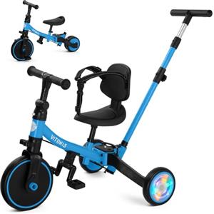VITONIS Triciclo 5 in 1 per bambini dai 18 mesi ai 5 anni, con ruote lampeggianti, maniglione di spinta, schienale e cintura di sicurezza, regalo per bambini e bambine, bicicletta senza pedali, blu