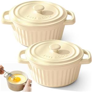 Umllpet Mini Cocotte con coperchio, piccola pirofila in porcellana con manici, in ceramica, piccoli pirottini da forno per lasagne, soufflé, forno, microonde lavastoviglie (beige-S-2 pezzi)
