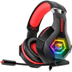 Ozeino Cuffie da gioco per PC, PS4, PS5, Xbox, cuffie da gioco con cancellazione del rumore, microfono flessibile, paraorecchie, luce RGB per telefono, interruttore, Mac, rosso