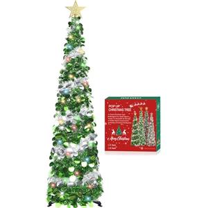 HMASYO Albero di Natale Artificiale Sottile 150cm a Paillettes Luccicante con Luci Integrate e Timer, Montaggio Istantaneo, Pieghevole - Decorazione per Interni Casa, Appartamento, Veranda, Feste