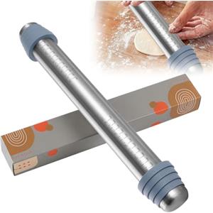 YNNHUDEEP Mattarello in metallo, acciaio inox, mattarello, spessore regolabile, con anelli rimovibili in 4 misure, accessorio da forno Rolling Pin per pizza, biscotti, pasta da pasticceria, 41,5 x 6,5 cm