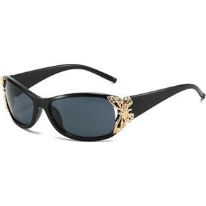 LJCZKA Occhiali da Sole Avvolgenti Donna, Occhiali da Sole Y2K Glitterati Farfalla Grandi Vintage Moda con Protezione UV400 (Nero Grigio)