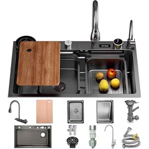 OMGMTSTORE Lavandino Cucina Nero Antracite 90 x 50 cm,Lavello Cucina 1 vasca con LED rubinetto estraibile,Multifunzione Cucina in acciaio inox,Lavabo Cucina con Sifone Antiodore e Kit Scarico Completo