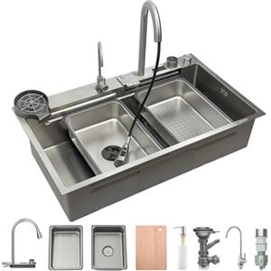 OMGMTSTORE Lavello da cucina a cascata, 85 x 50 cm, in acciaio inox spazzolato 304, con schermo digitale, lavello da cucina con cestello di scarico, lavandino, tagliere, sifone, componente di scarico